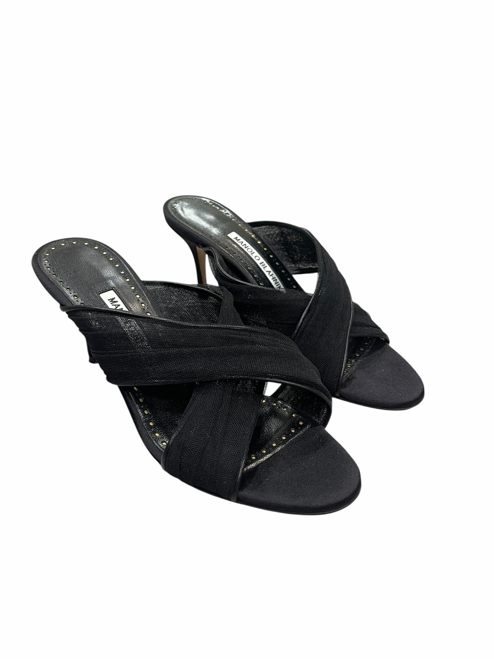 Manolo Blahnik Black Mesh Criss Cross Mule Heels